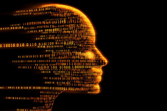 Digital human head silhouette composed of binary code, artificial intelligence concept, futuristic technology background, machine learning, cyber security, big data, AI innovation, neural network.