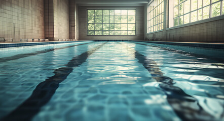 Obraz premium swimming pool with an indoor swimming facility, featuring long lines of blue and white tiles on the floor. 