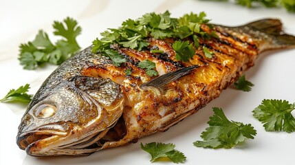 Grilled fish garnished with fresh cilantro on a white plate, showcasing culinary art