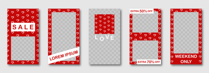 Valentine's Day social media templates design, set of backgrounds for sale banner, flyer, card in minimalistic style with doodle hearts. modern vector pattern for poster, frame. on red white tones.