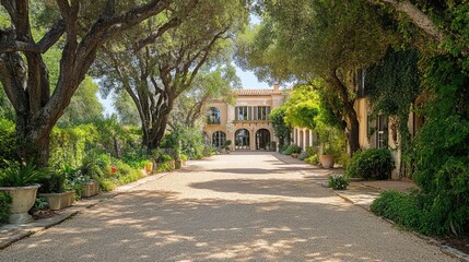 A high-end estate with a private driveway lined with trees for extra privacy.