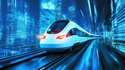Obraz premium A high-speed train gliding through a futuristic urban environment.