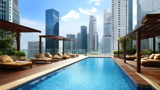 A high-rise rooftop infinity pool with wooden cabanas and a tropical vibe.