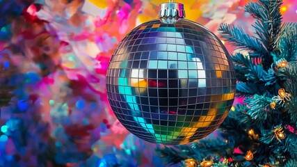 A sparkling disco ball Christmas ornament hanging on a festive tree, reflecting vibrant colors against a bright artistic background. - Powered by Adobe