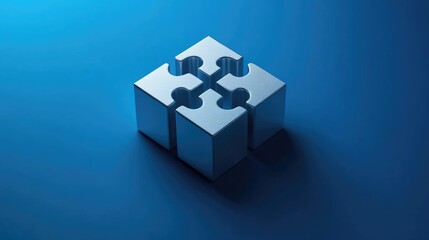 Obraz premium Abstract concept of teamwork visualized with puzzle cubes assembling, electric blue background.