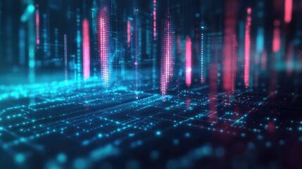 Fototapeta premium Abstract digital workspace concept with glowing charts, modern dark blue and cyan background.