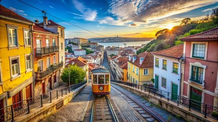 Panoramic View of Electric Train in Lisbon, Portugal Cityscape