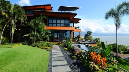 A house featuring an eco-friendly rainwater collection system and green landscaping.