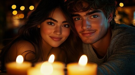 A young couple sits close together, radiating warmth and happiness as they enjoy a cozy candlelit atmosphere, capturing a moment of shared joy and connection.