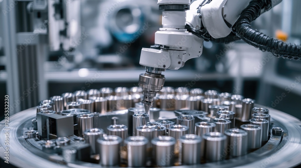 Poster an industrial robotic arm assembling metal components with precision.
