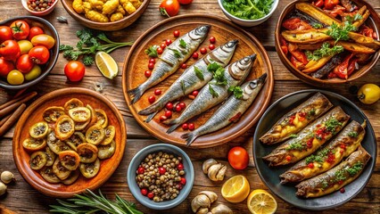 Fototapeta premium Panoramic View of Sardines Escabeche Served on a Wooden Table