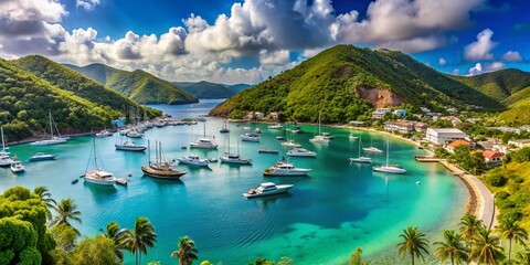 Fototapeta premium Panoramic View of Soper's Hole Marina, British Virgin Islands: Calm Waters, Yachts & Lush Greenery