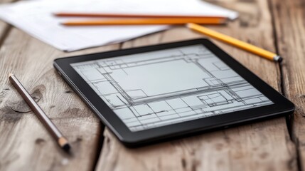 Architectural drafting table with plans, pencils, and a digital tablet for design work.