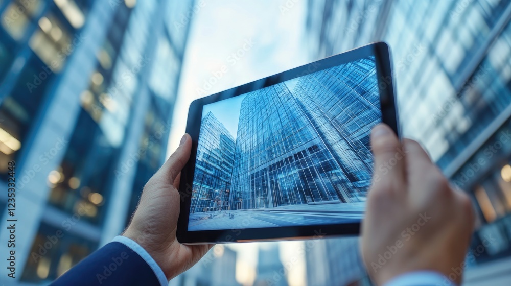 Poster architectural visualization on a digital tablet showing a new business building concept.