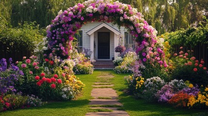 Fototapeta premium A bright floral archway welcoming guests into a cozy front yard.