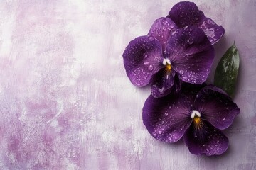 Dew Kissed Purple Pansies on Lavender Background