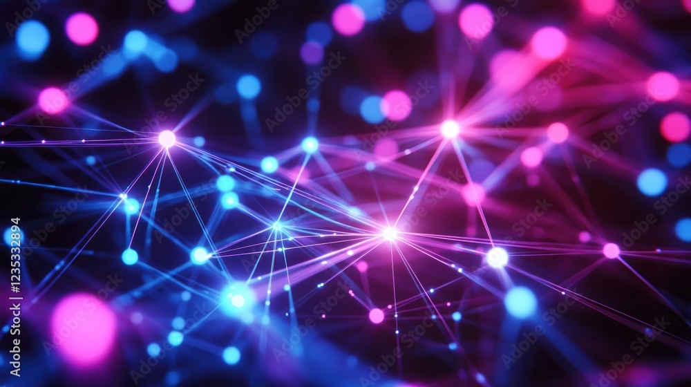 Poster a connected web of lines forming a digital mesh, glowing cyan and magenta futuristic backdrop.