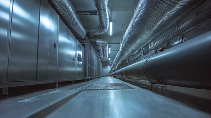 A large industrial air ventilation system with ductwork and turbines.