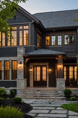 Luxury Modern Home Exterior at Night: Elegant Stone Facade and Contemporary Design