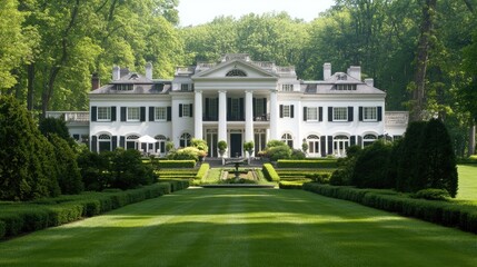 Obraz premium A luxury estate featuring a vast private garden with manicured landscaping.