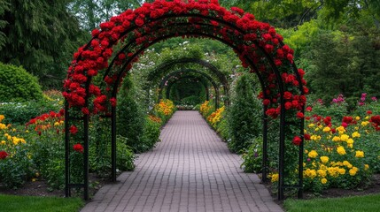 Fototapeta premium A symmetrical garden with red roses and yellow marigolds surrounding a walkway.