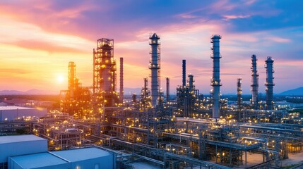 Fototapeta premium A towering oil refinery with large distillation columns in an industrial zone.