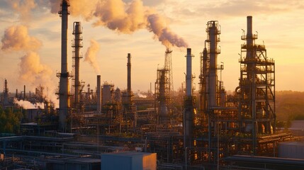Fototapeta premium A towering oil refinery with large distillation columns in an industrial zone.
