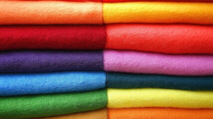 Brightly colored felt fabric sheets stacked neatly, vivid rainbow backdrop.