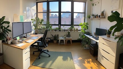 Bright and airy workspace with a window view, plants, and an organized desk.