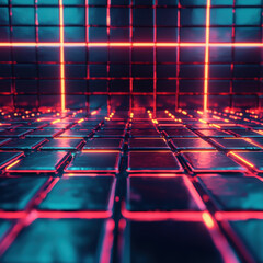 Obraz premium Futuristic digital grid floor with glowing neon reflections