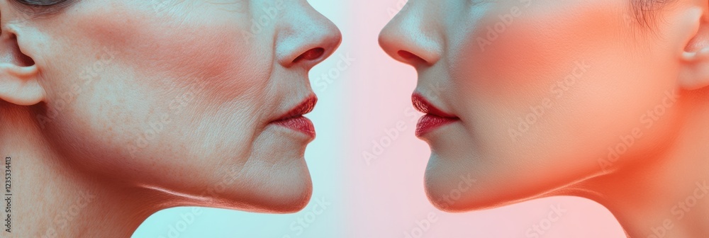 Poster comparison of youthful skin and aging signs in two faces captured in a serene environment. generativ