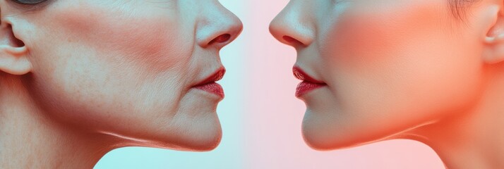 Obraz premium Comparison of youthful skin and aging signs in two faces captured in a serene environment. Generative AI