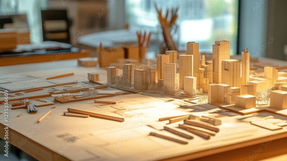 Poster close-up of a business architectural model on a designer's table with sketching tools.