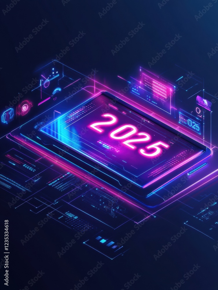 Aufkleber futuristic digital calendar showcasing the year 2025 with vibrant neon colors and advanced technolog