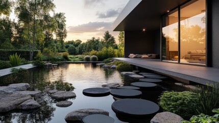 Fototapeta premium A modern architectural home with a floating garden and elegant stone pathways.