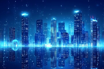 Futuristic cityscape with glowing skyscrapers and reflections in a digital atmosphere.