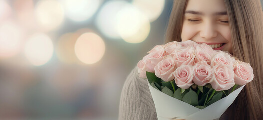 Young woman holding bouquet of pink roses, smiling happily, romantic gift, fresh flowers, love and appreciation, soft bokeh background, joyful expression, warm emotional moment, celebration.