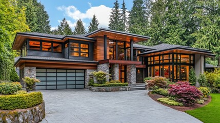 Fototapeta premium Contemporary house with large glass windows and a modern aesthetic, located in a scenic neighborhood.