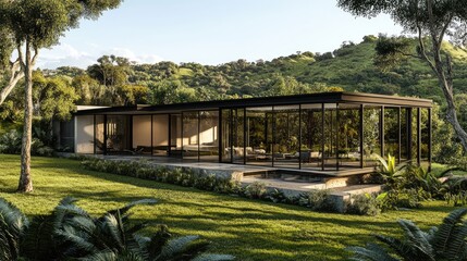 A modern glass villa overlooking a lush green valley and rolling hills.