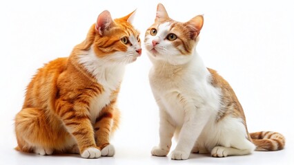 Playful Red and White Cats Isolated on White Background - Candid Stock Photo