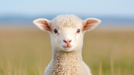 Obraz premium Cute lamb, pasture, spring, ocean view, farm animal