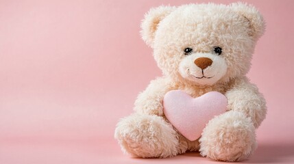 Obraz premium Cute teddy bear holding a heart-shaped cushion, soft pink background.
