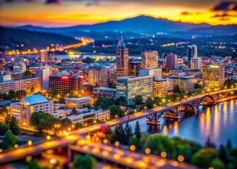 Obraz premium Portland Oregon Twilight Miniature Cityscape, Tilt-Shift Photography