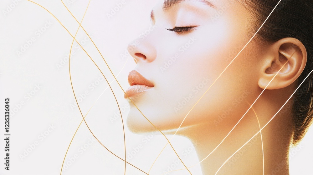 Poster silhouette of a woman with golden ratio lines highlighting facial features in soft light. generative