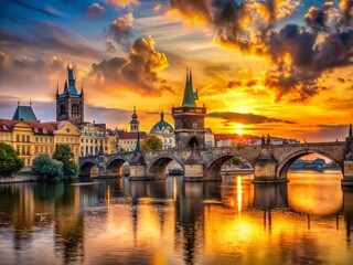 Obraz premium Prague Sunset: Charles Bridge & Vltava River Panorama