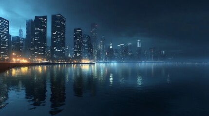 Fototapeta premium Nighttime cityscape reflecting on water, showcasing modern architecture and urban ambiance.