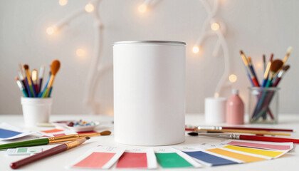 White cylindrical paint container mockup surrounded by paint swatches, brushes, and string lights in a creative workspace for product branding and advertising with copy space