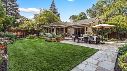 Obraz premium Freshly landscaped backyard with a patio area, lawn, and flowering plants.