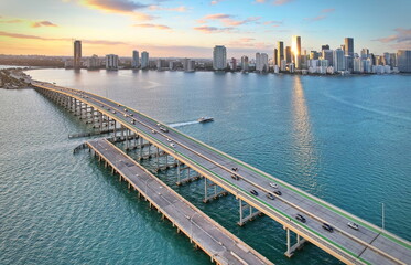 Aerial view of the Miami skyline at sunset from Biscayne Bay. Miami, Florida, USA.