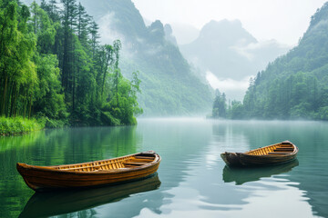 Wooden boats floating on misty green lake